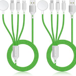 2Pack Travel Essentials Multi Charging Cable for Watch Charger 4 in 1 Fast Charger Camping Essentials USB C/L/Micro Compatible with Watch Series 10-1/SE/Ultra Phone 16 15/Galaxy Android-4FT/Green